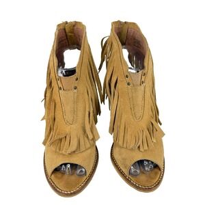 Musse & Cloud Galia Womens Camel Suede Fringe Peep Toe Ankle Bootie US 8 EU 39